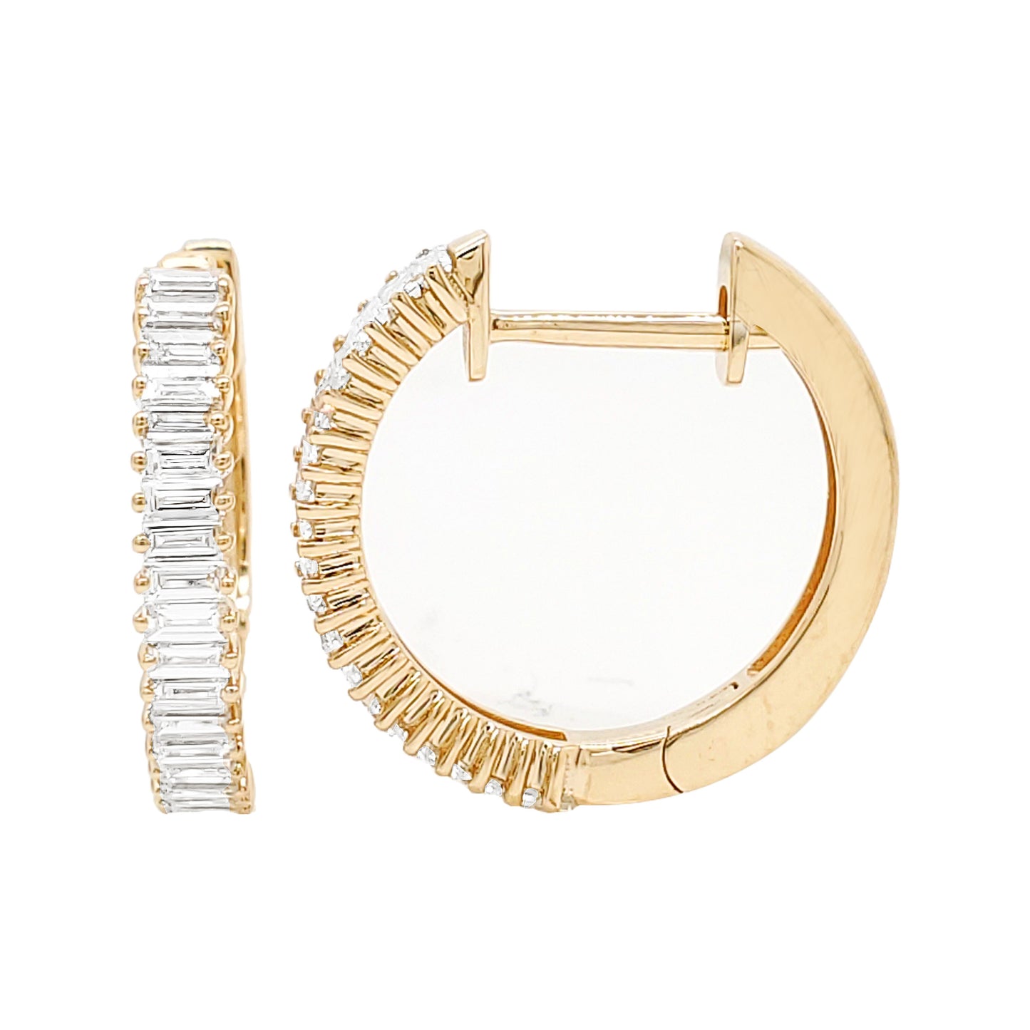 14K Gold Hoop Earrings: Baguette Diamond Channel Set