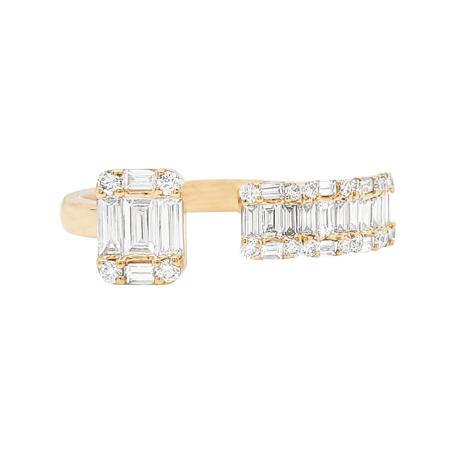 14K Gold Open Cuff Diamond Ring: Baguette & Round Cluster, 7/10 CTW