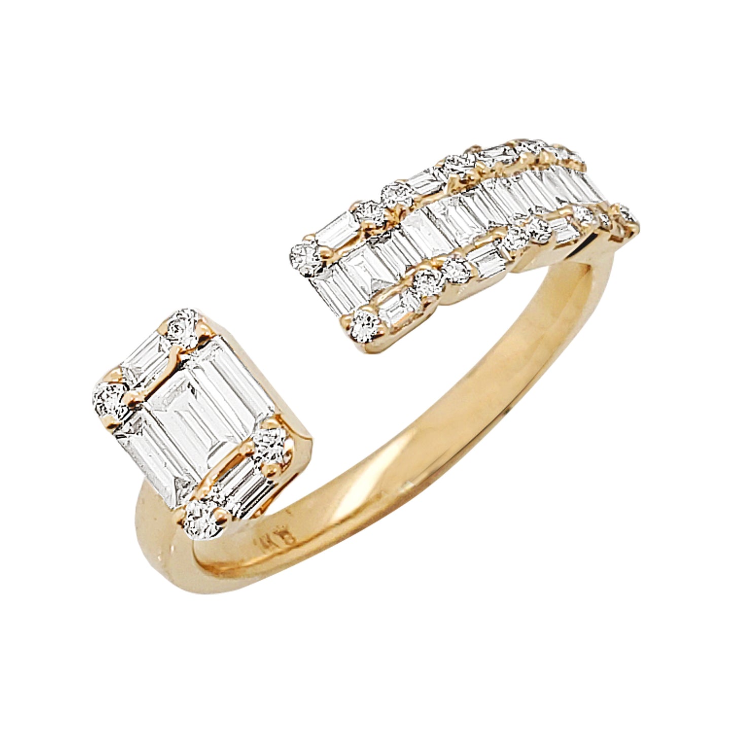 14K Gold Open Cuff Diamond Ring: Baguette & Round Cluster, 7/10 CTW
