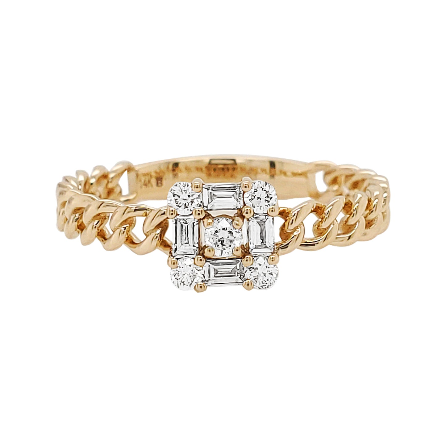 14K Gold Curb Chain Diamond Ring: Baguette & Round 14CTW Designer Ring