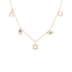 14K Gold Diamond Sapphire Charm Necklace: Hamsa, Evil Eye, Star of David, Wishbone, Horseshoe