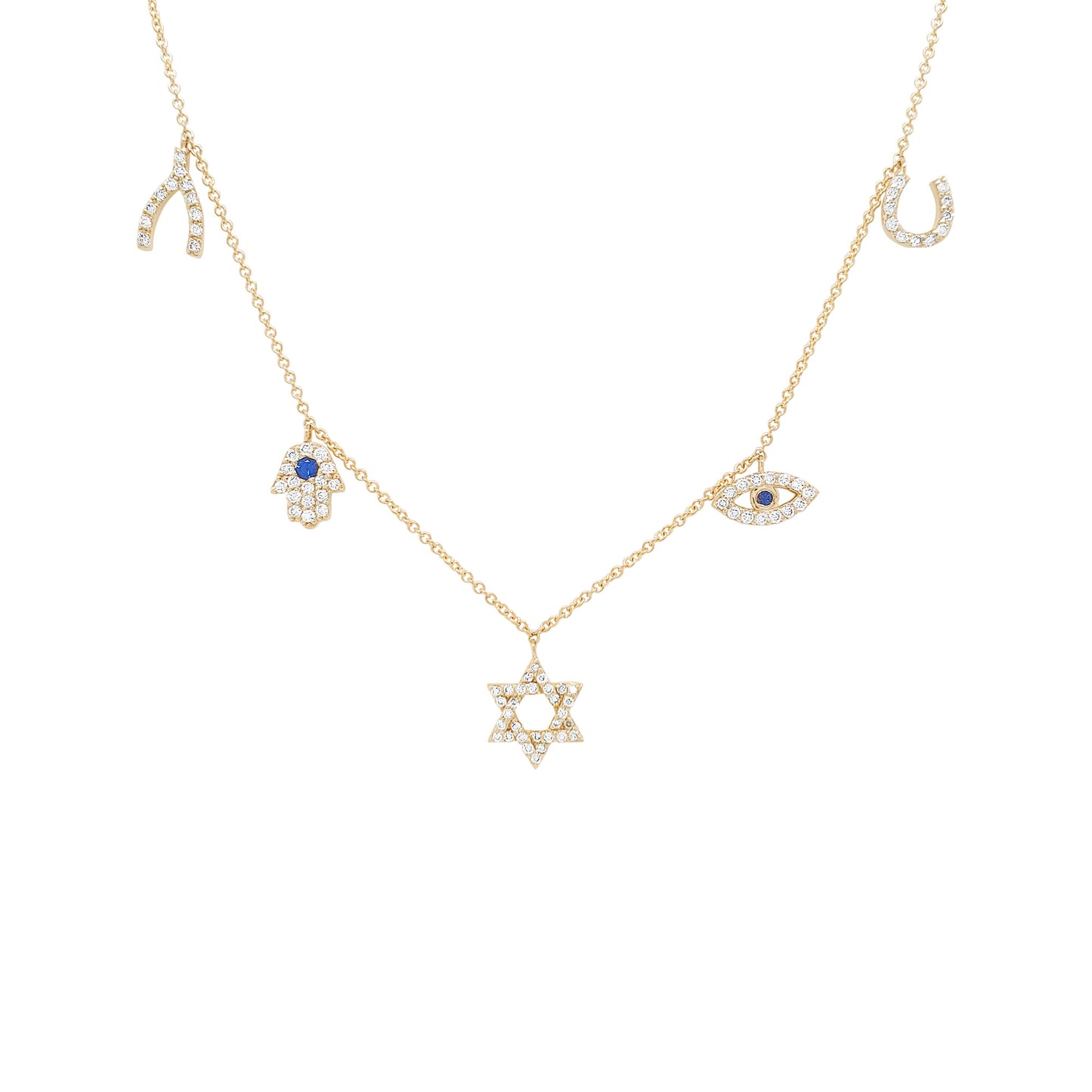 14K Gold Diamond Sapphire Charm Necklace: Hamsa, Evil Eye, Star of David, Wishbone, Horseshoe