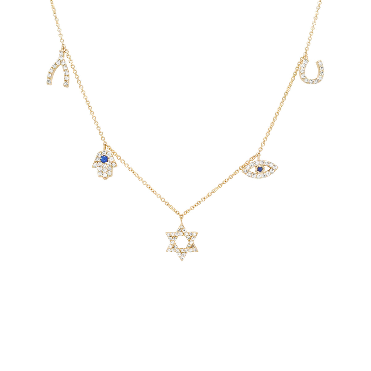 14K Gold Diamond Sapphire Charm Necklace: Hamsa, Evil Eye, Star of David, Wishbone, Horseshoe