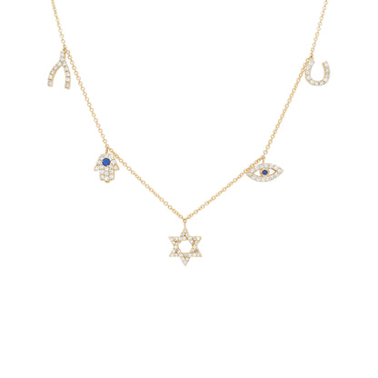 14K Gold Diamond Sapphire Charm Necklace: Hamsa, Evil Eye, Star of David, Wishbone, Horseshoe
