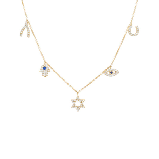 14K Gold Diamond Sapphire Charm Necklace: Hamsa, Evil Eye, Star of David, Wishbone, Horseshoe
