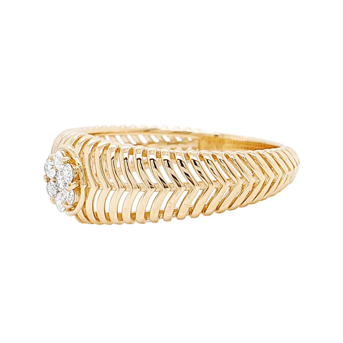 14K Gold Chevron Ring with Diamond Cluster: Wedding Band