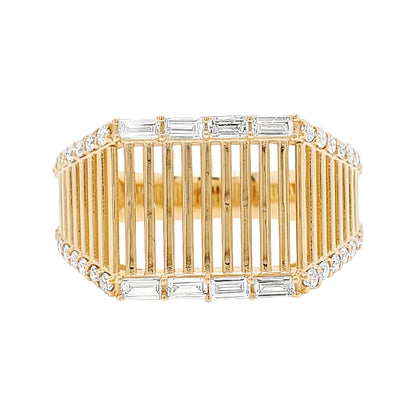 14K Gold Ribbed Openwork Diamond Ring | 1/2CTW Baguette & Round | Unisex Anniversary, Wedding, Engagement Gift