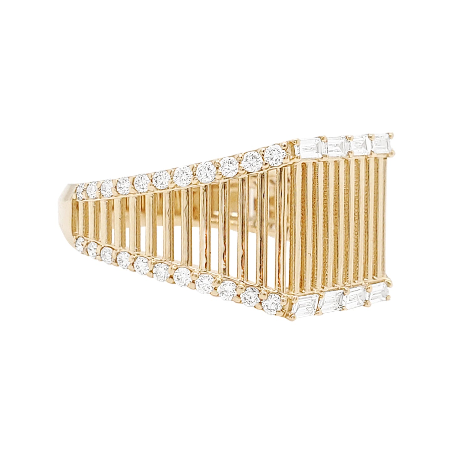 14K Gold Ribbed Openwork Diamond Ring | 1/2CTW Baguette & Round | Unisex Anniversary, Wedding, Engagement Gift