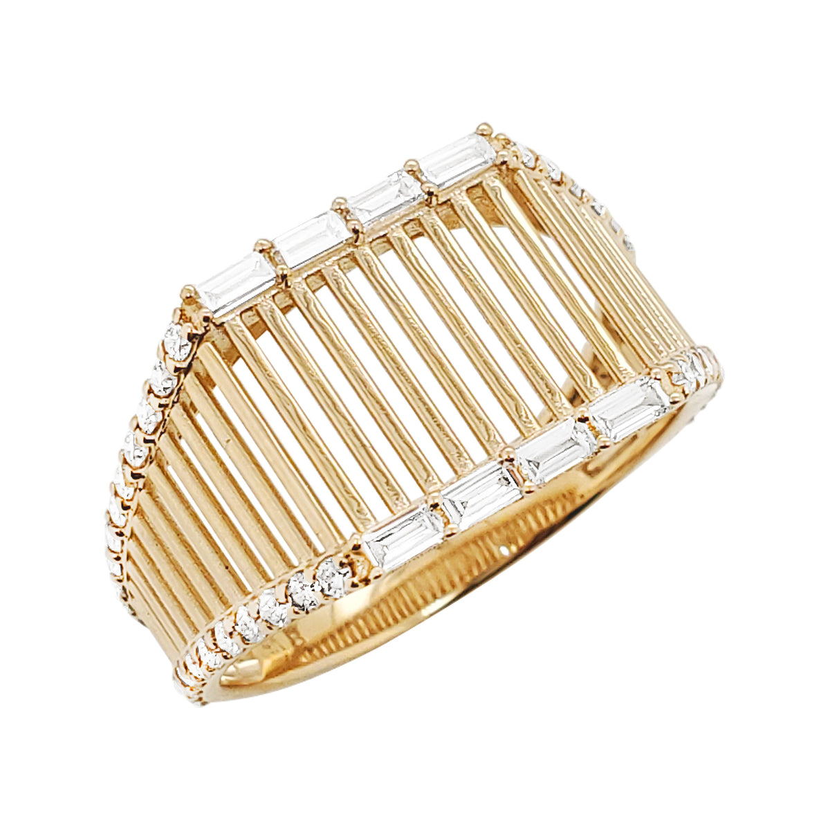 14K Gold Ribbed Openwork Diamond Ring | 1/2CTW Baguette & Round | Unisex Anniversary, Wedding, Engagement Gift