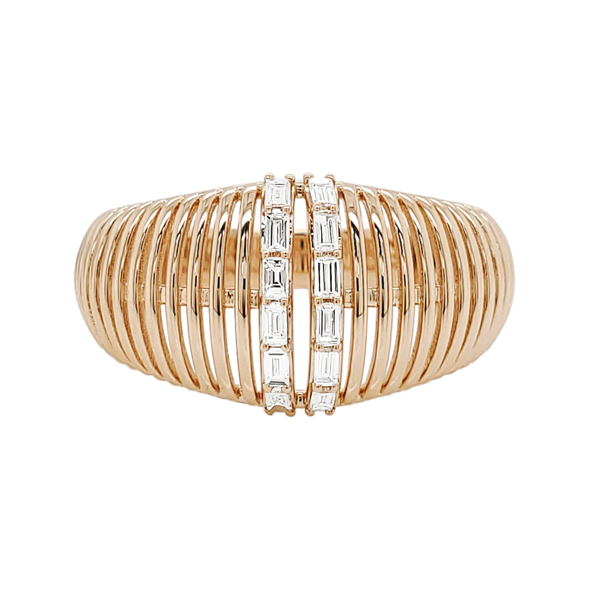 14K Gold Dome Ring with Baguette Diamond Accents: Wedding Band