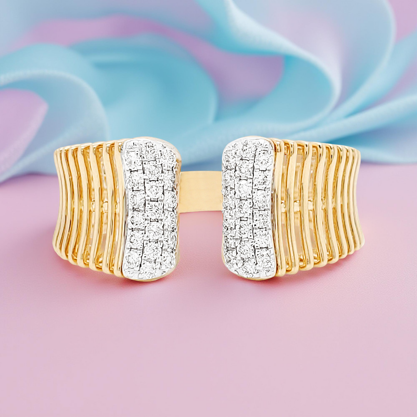 14K Gold Ribbed Ring: Diamond Accent Stackable Band