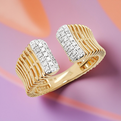 14K Gold Ribbed Ring: Diamond Accent Stackable Band