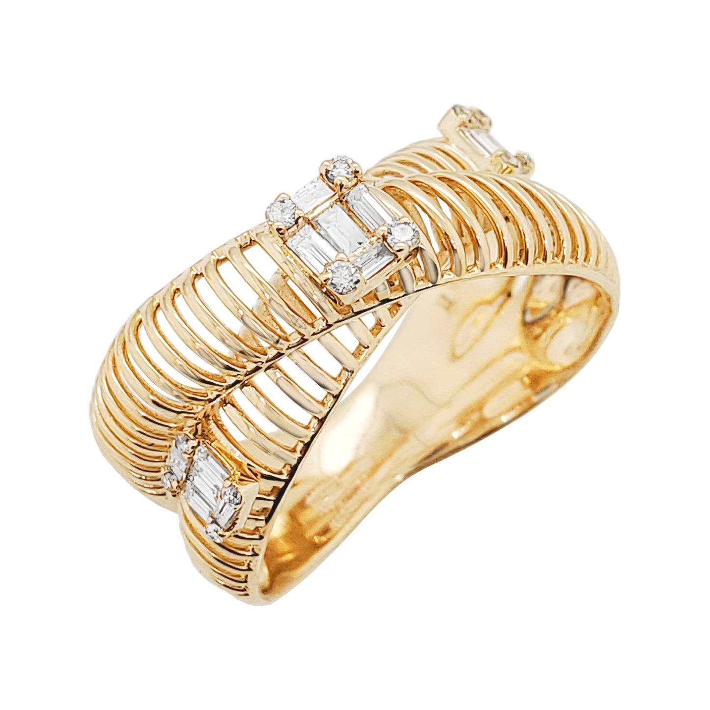14K Gold Diamond Crossover Ring: Ribbed Band, 1/5 CTW