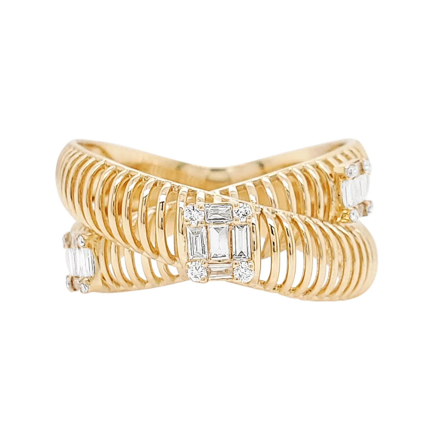 14K Gold Diamond Crossover Ring: Ribbed Band, 1/5 CTW