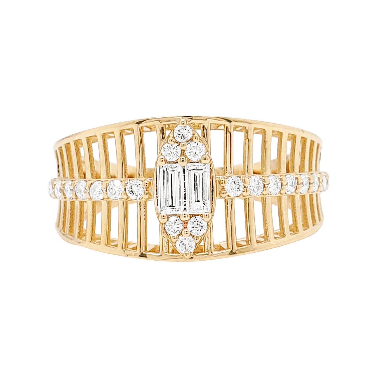 14K Gold Ribbed Diamond Statement Ring | Baguette & Round, 1/2 CTW