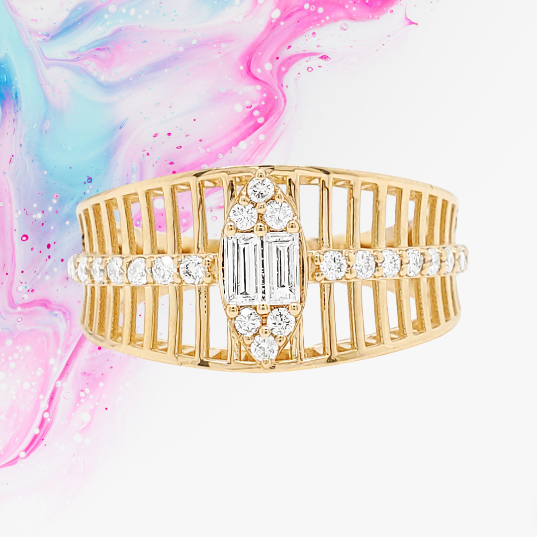 14K Gold Ribbed Diamond Statement Ring | Baguette & Round, 1/2 CTW