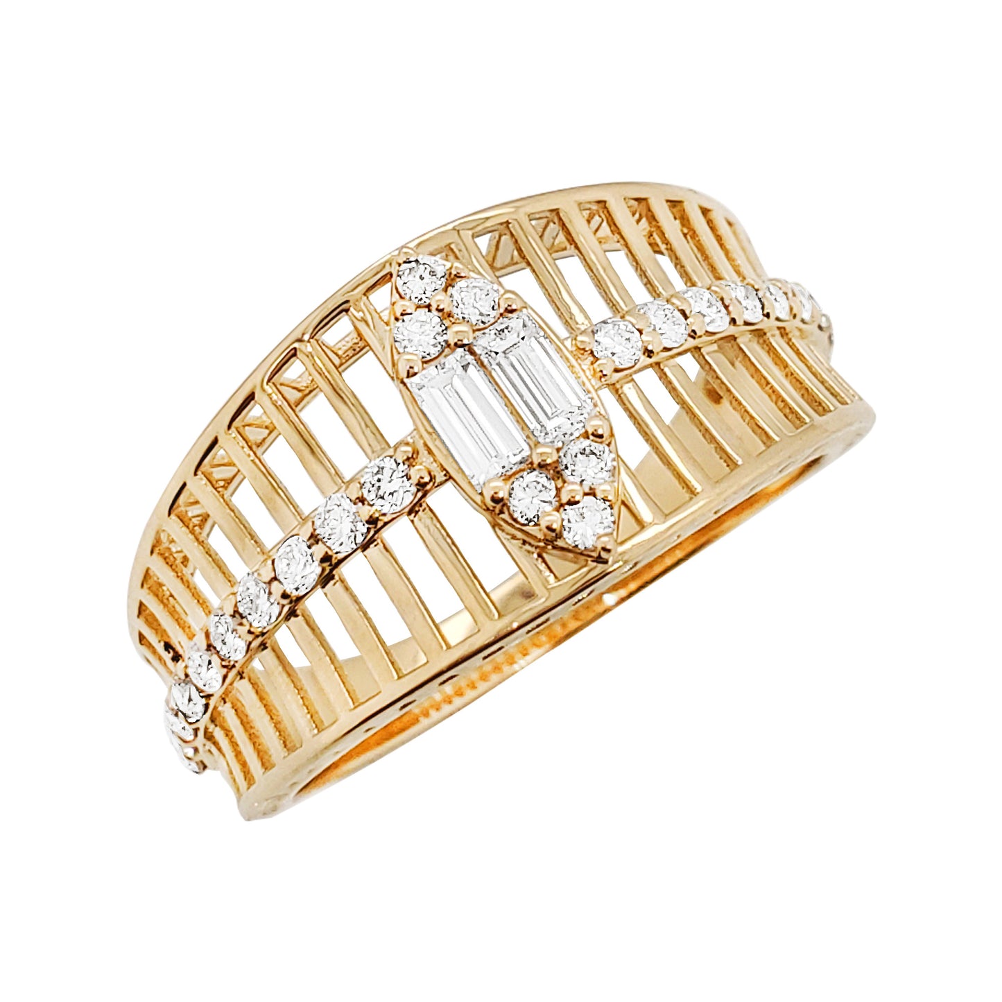 14K Gold Ribbed Diamond Statement Ring | Baguette & Round, 1/2 CTW