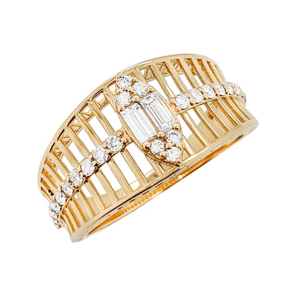 14K Gold Ribbed Diamond Statement Ring | Baguette & Round, 1/2 CTW