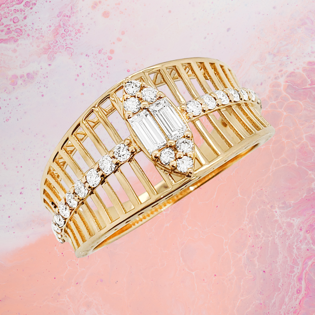 14K Gold Ribbed Diamond Statement Ring | Baguette & Round, 1/2 CTW
