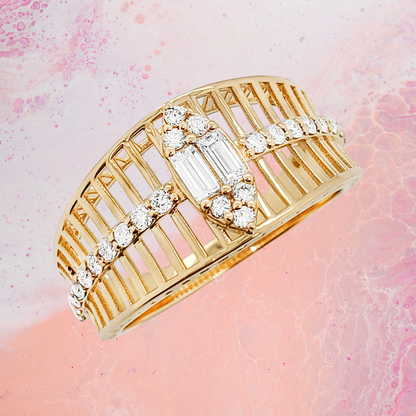 14K Gold Ribbed Diamond Statement Ring | Baguette & Round, 1/2 CTW