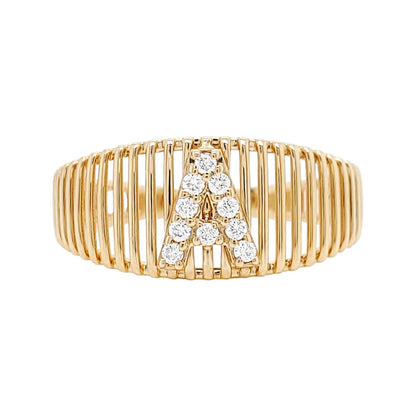 14K Gold Ribbed Ring with Diamond Initial - Anniversary Gift