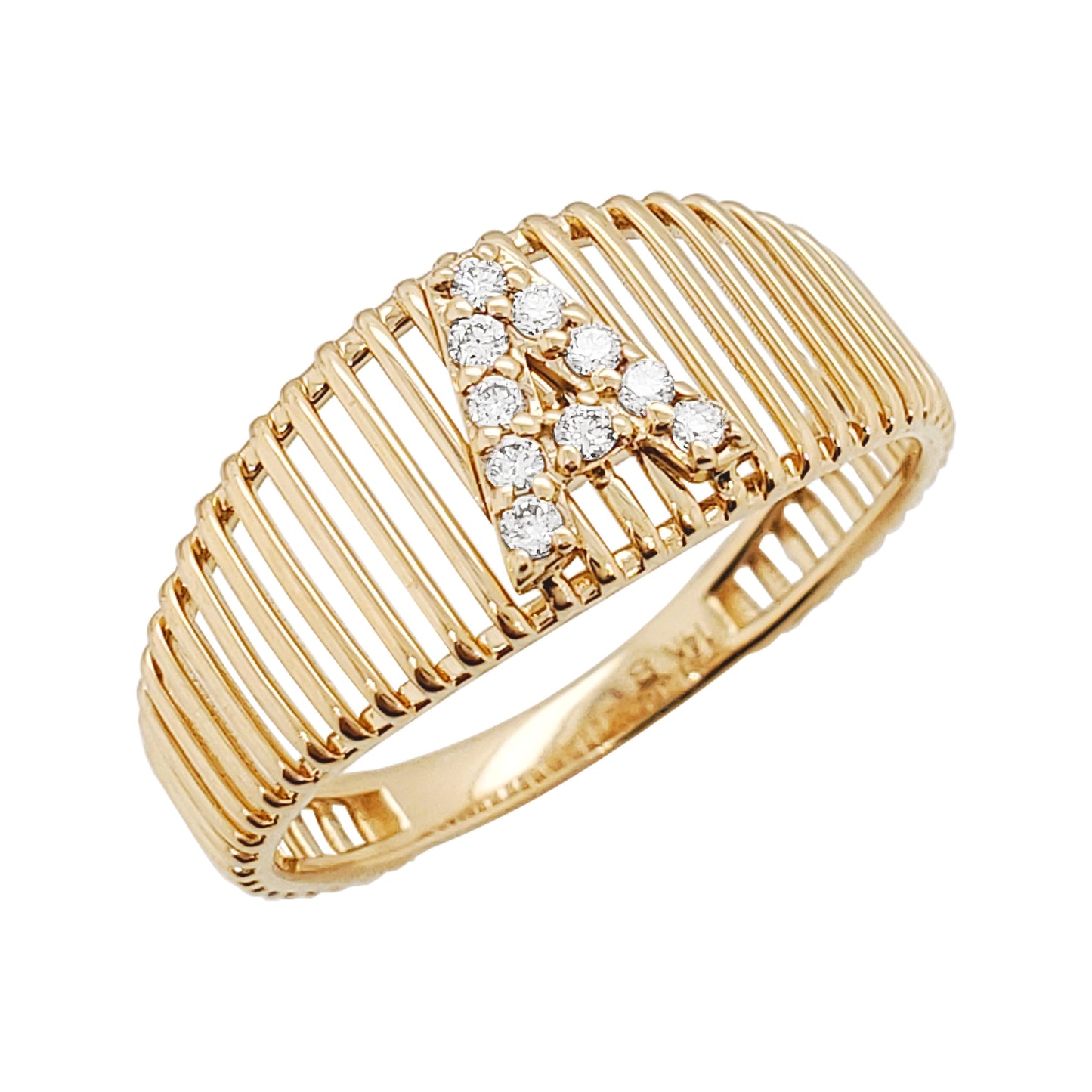 14K Gold Ribbed Ring with Diamond Initial - Anniversary Gift