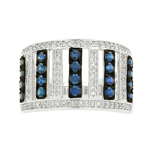 14K White Gold Blue Sapphire & Light Brown Diamond Ring, Art Deco Wide Band