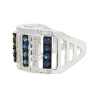 14K White Gold Blue Sapphire & Light Brown Diamond Ring, Art Deco Wide Band