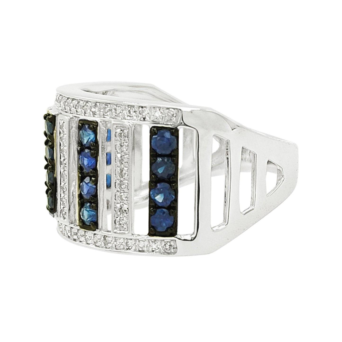 14K White Gold Blue Sapphire & Light Brown Diamond Ring, Art Deco Wide Band