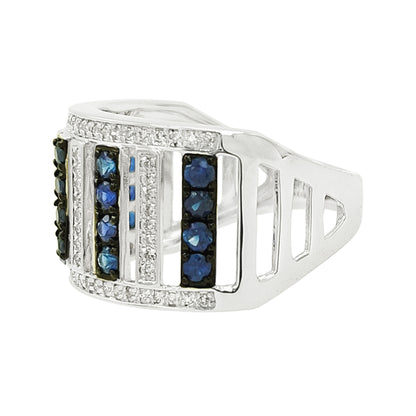 14K White Gold Blue Sapphire & Light Brown Diamond Ring, Art Deco Wide Band