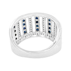 14K White Gold Blue Sapphire & Light Brown Diamond Ring, Art Deco Wide Band