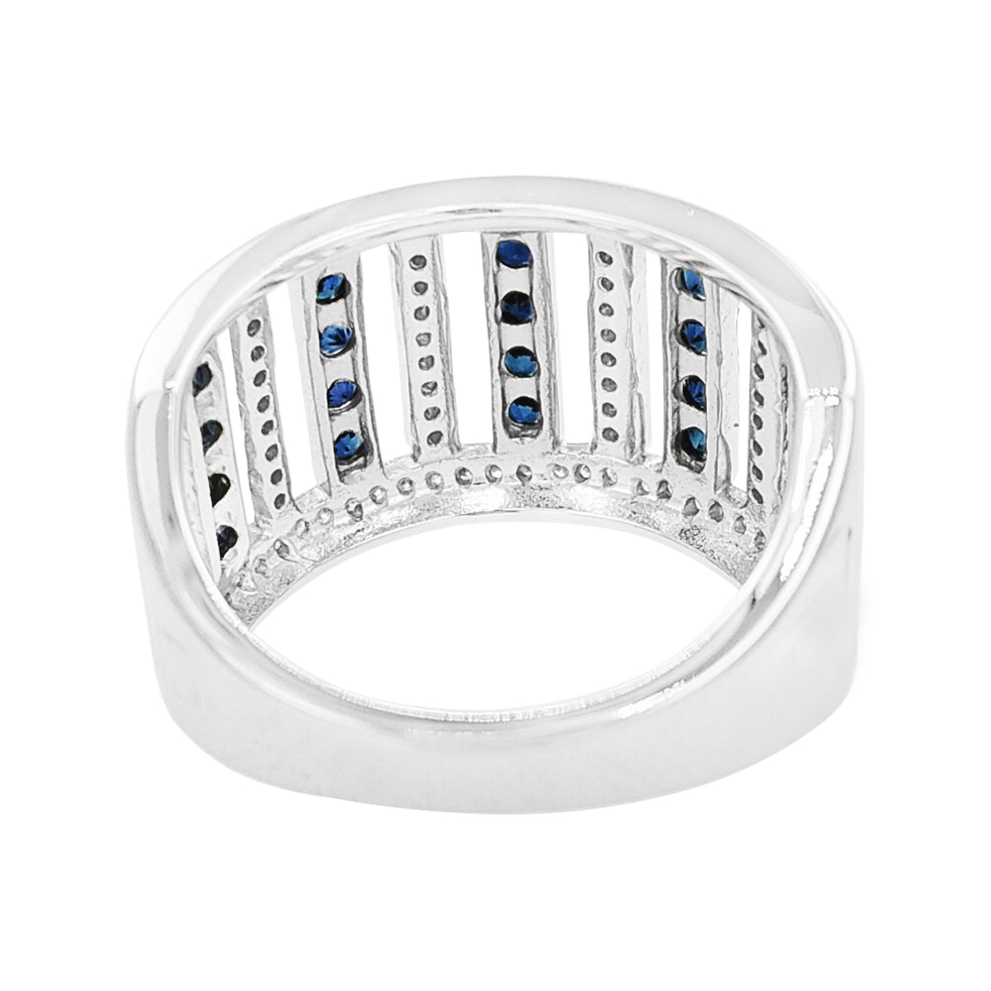 14K White Gold Blue Sapphire & Light Brown Diamond Ring, Art Deco Wide Band