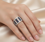 14K White Gold Blue Sapphire & Light Brown Diamond Ring, Art Deco Wide Band