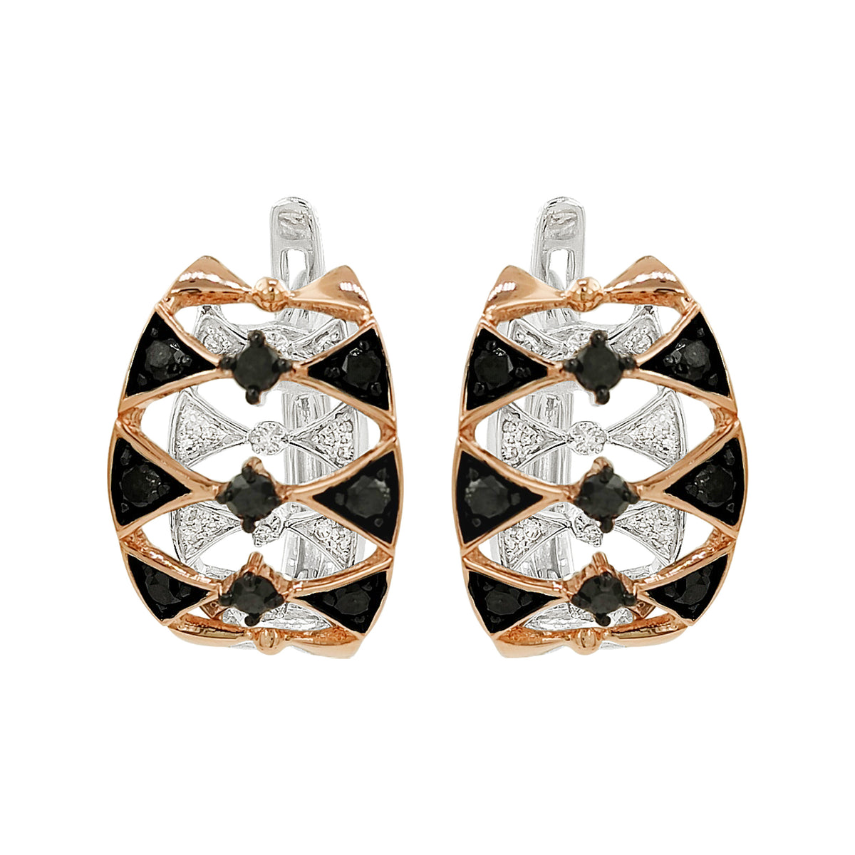 Black & Light Brown Diamond Earrings | 14K Dual Tone Gold Art Deco Jewelry