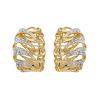 14K Gold Light Brown Diamond Wave Hoop Earrings, Riffle Design Huggies