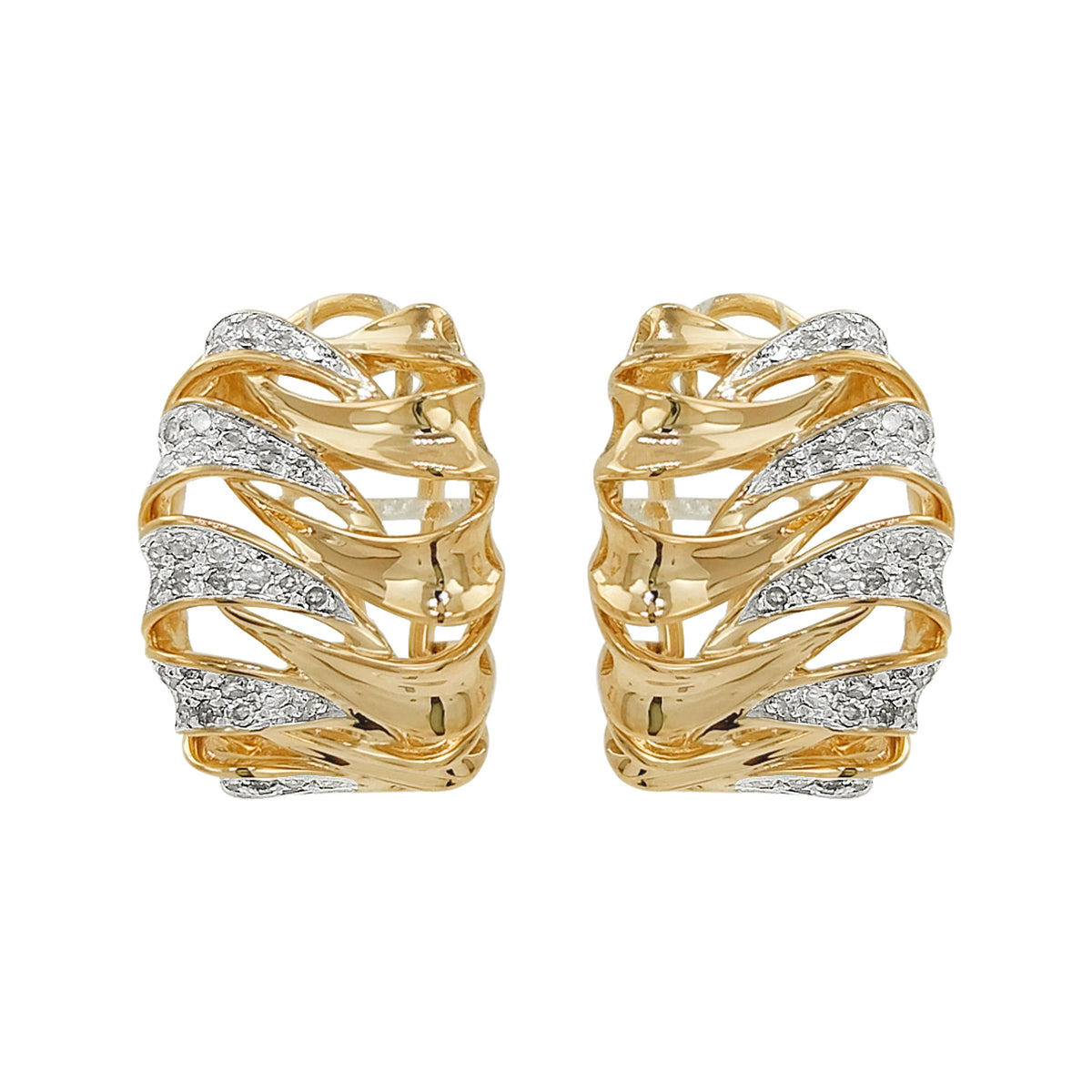 14K Gold Light Brown Diamond Wave Hoop Earrings, Riffle Design Huggies