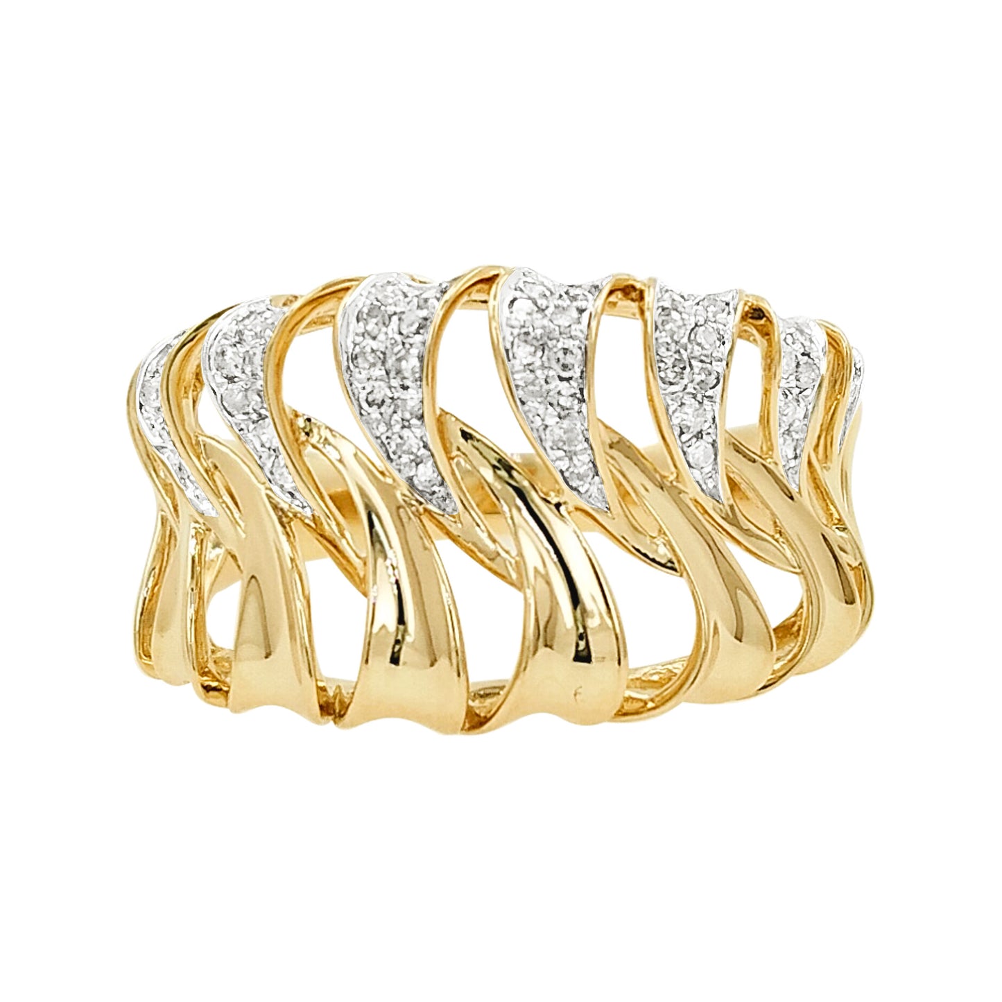 14K Gold Light Brown Diamond Wave Ring, Riffle Statement Band