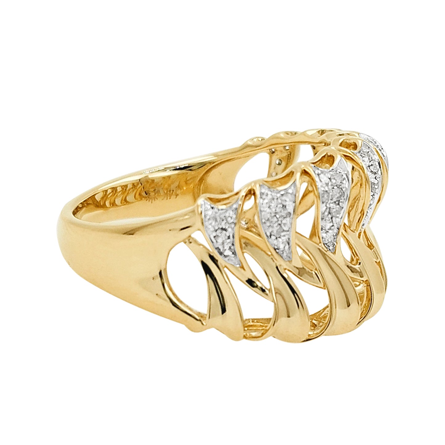 14K Gold Light Brown Diamond Wave Ring, Riffle Statement Band