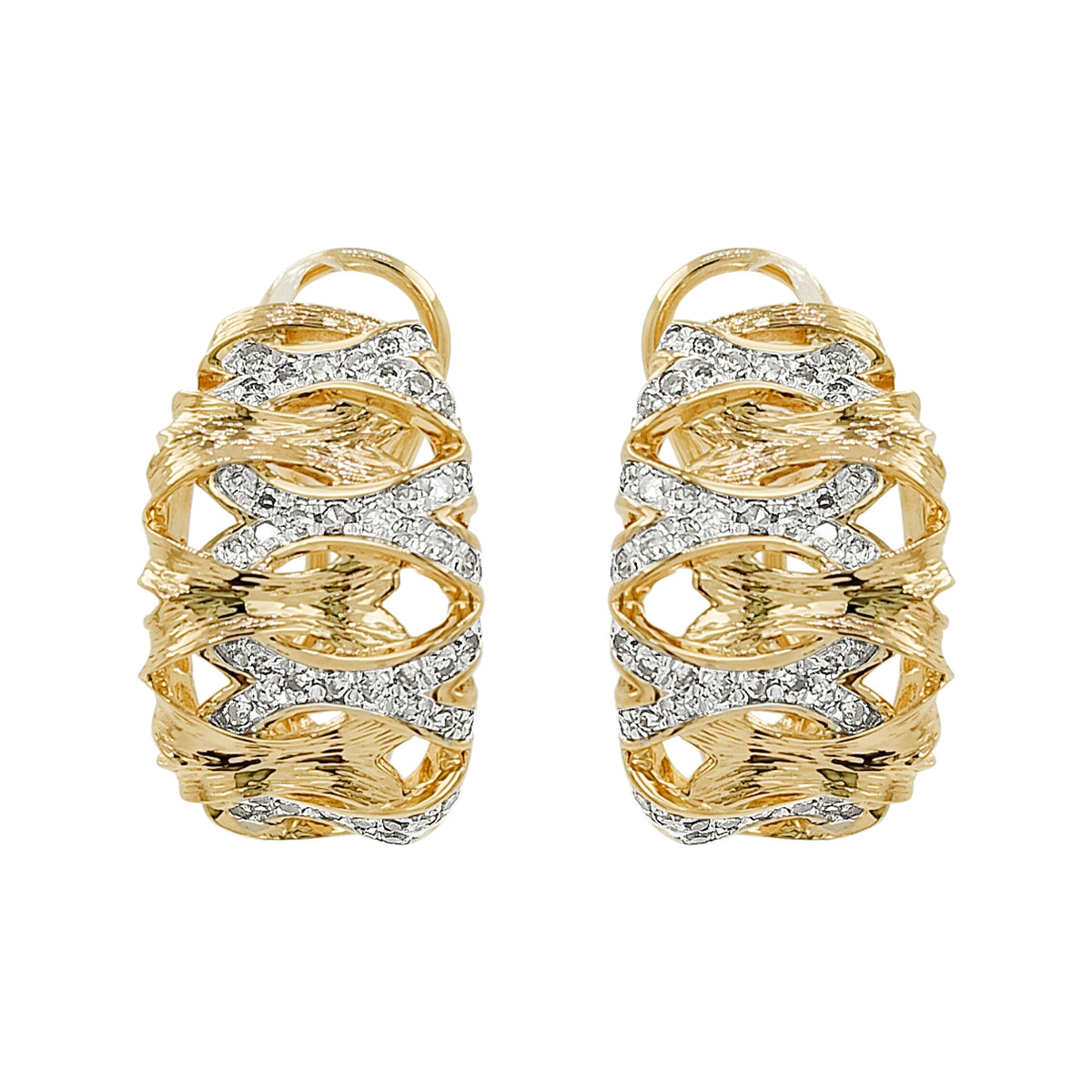 Two-Tone 14K Gold Light Brown Diamond Huggie Hoop Earrings, Crisscross Statement Jewelry