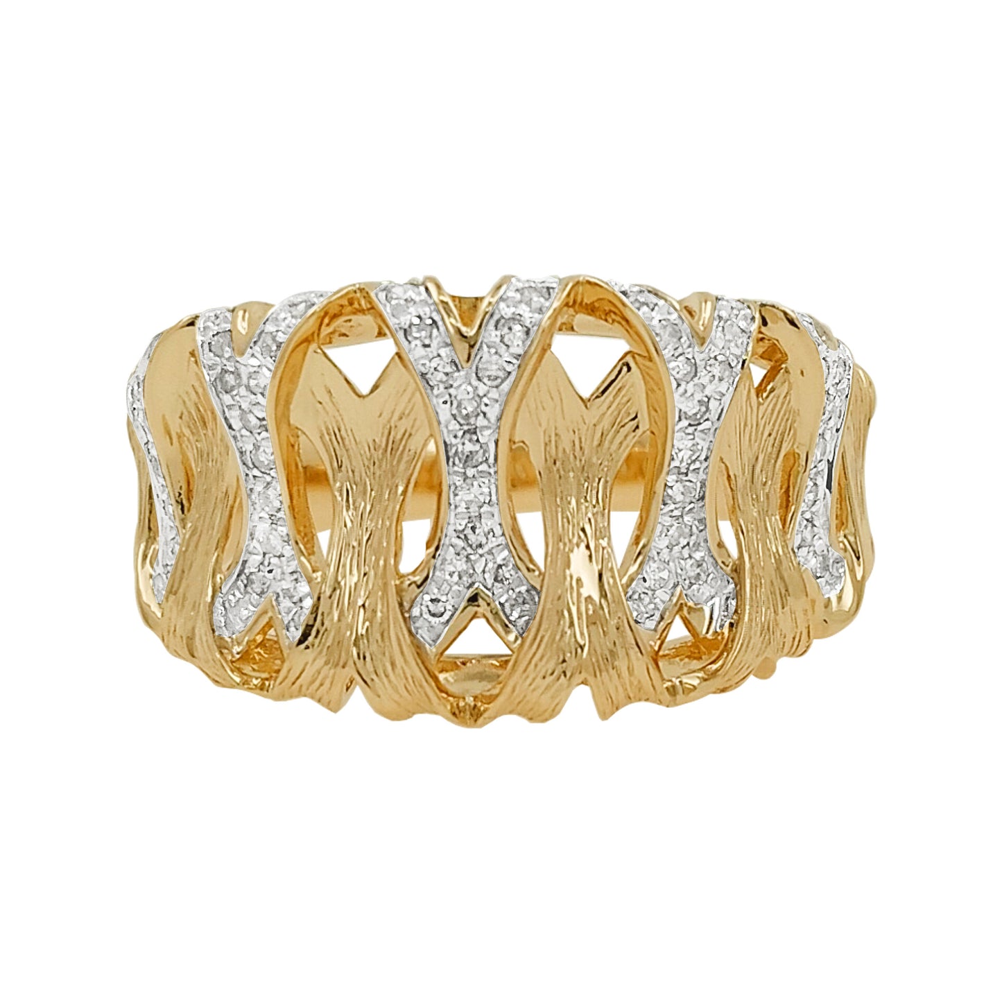 14K Two Tone Gold Light Brown Diamond X Ring, Wide Textured Band