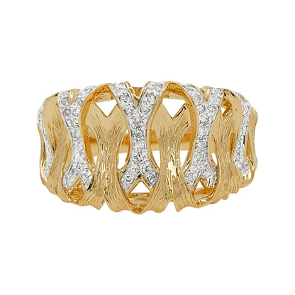 14K Two Tone Gold Light Brown Diamond X Ring, Wide Textured Band