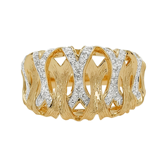 14K Two Tone Gold Light Brown Diamond X Ring, Wide Textured Band
