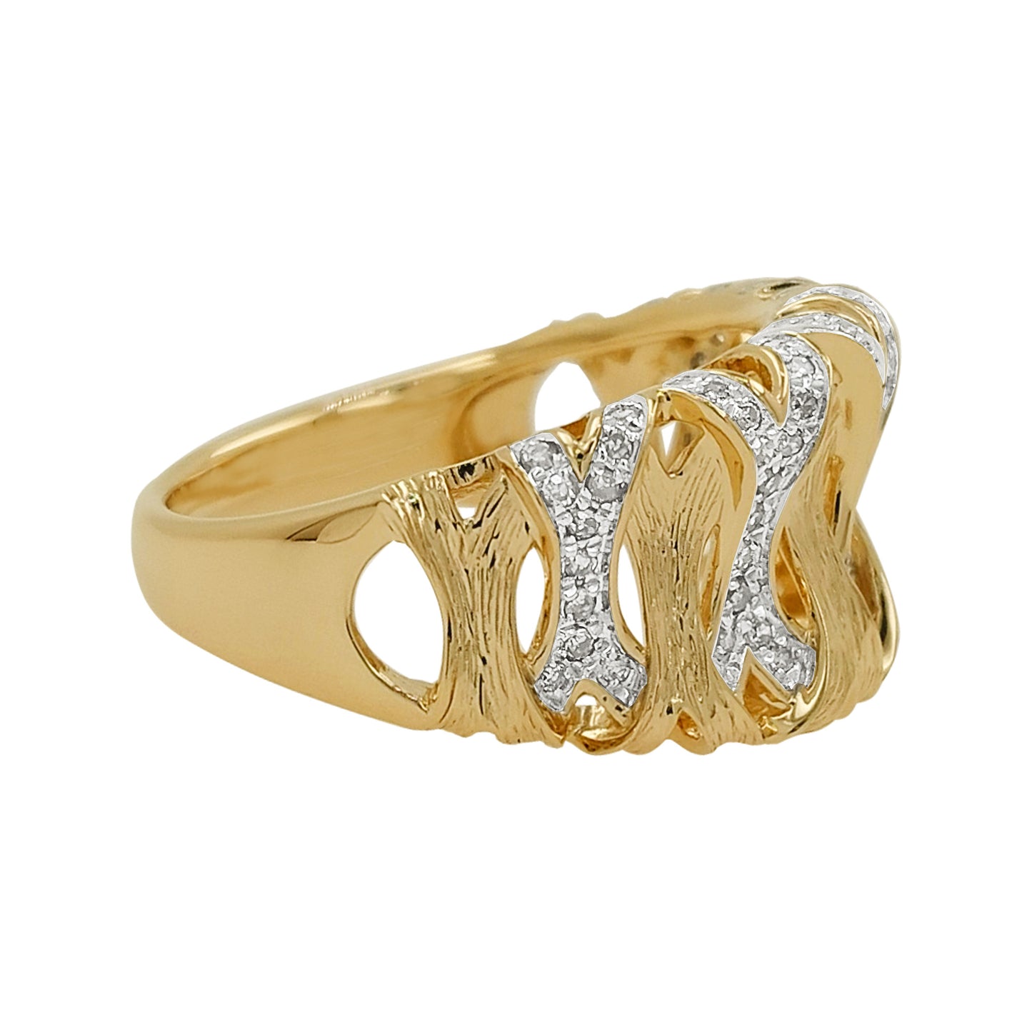 14K Two Tone Gold Light Brown Diamond X Ring, Wide Textured Band