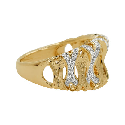 14K Two Tone Gold Light Brown Diamond X Ring, Wide Textured Band
