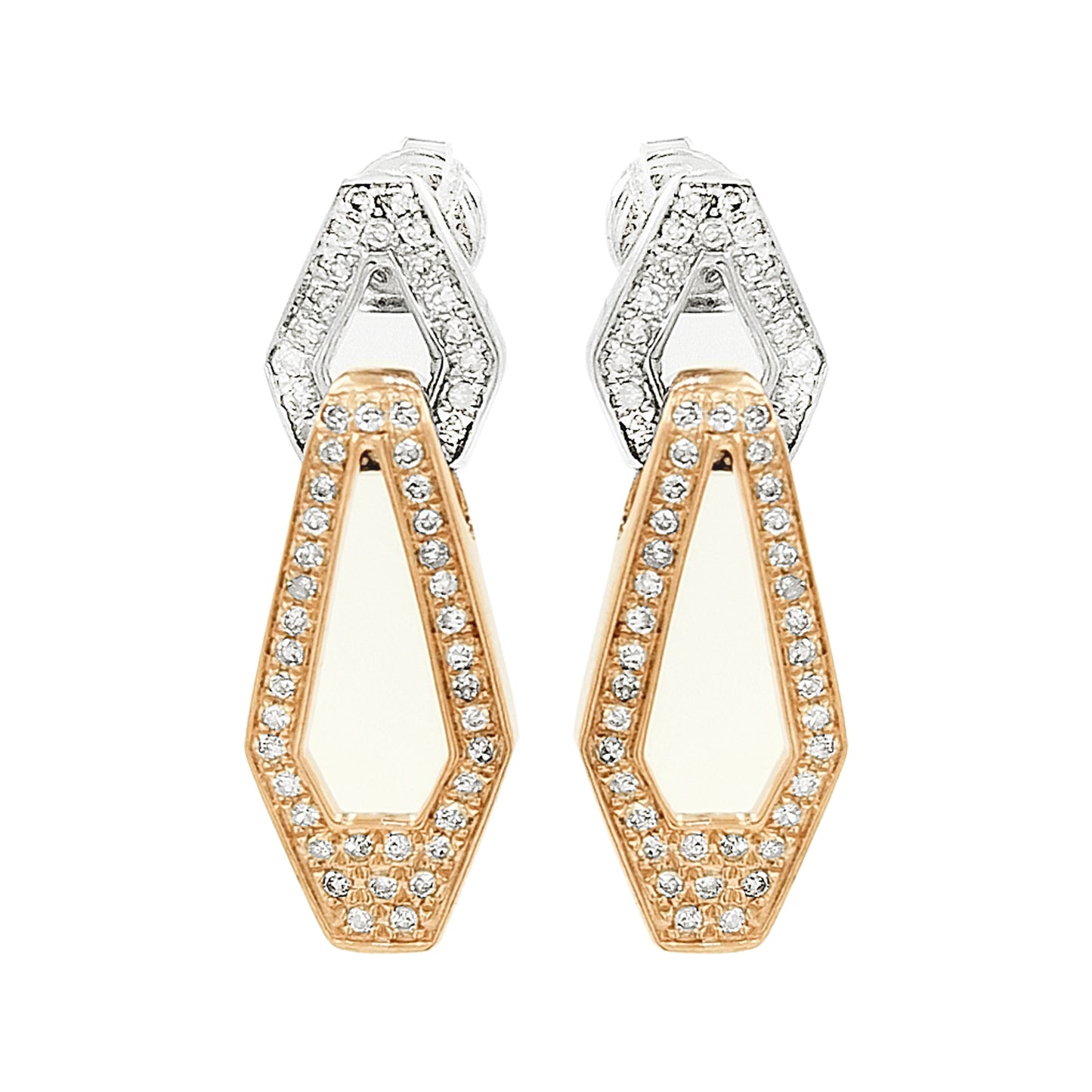 Two-Tone 14K Gold Light Brown Diamond Dangle Earrings, Hexagon Geometric Drop