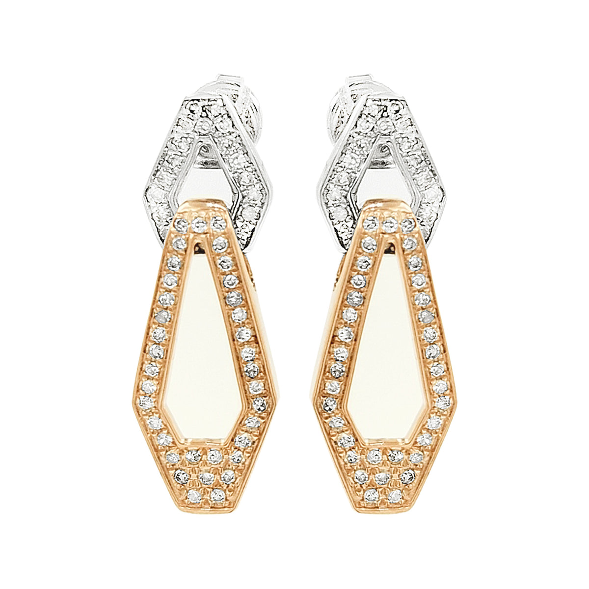 Two-Tone 14K Gold Light Brown Diamond Dangle Earrings, Hexagon Geometric Drop