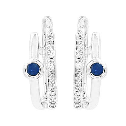 14K White Gold Sapphire Light Brown Diamond Hoop Earrings, Bezel Set Huggies