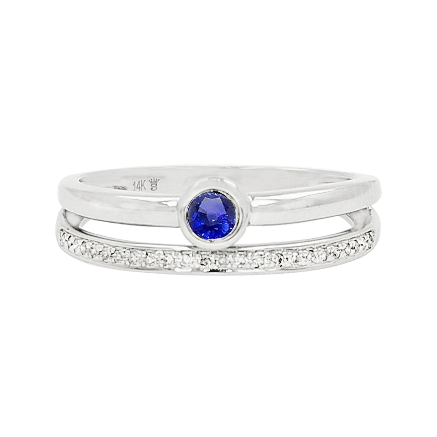 14K White Gold Sapphire Light Brown Diamond Ring, Bezel Set Stackable Band