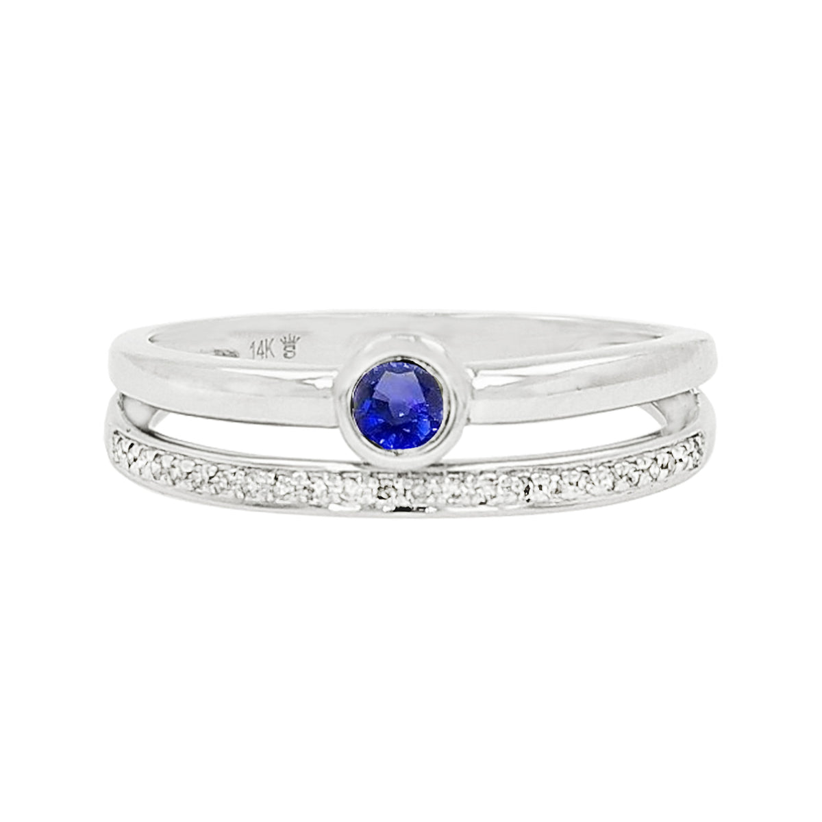 14K White Gold Sapphire Light Brown Diamond Ring, Bezel Set Stackable Band