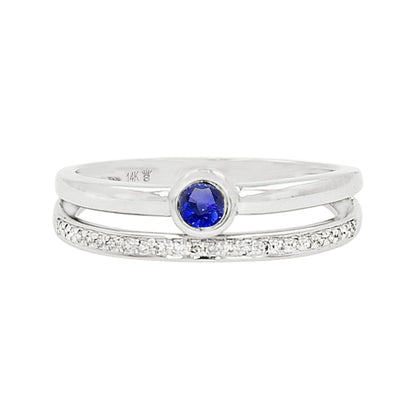 14K White Gold Sapphire Light Brown Diamond Ring, Bezel Set Stackable Band